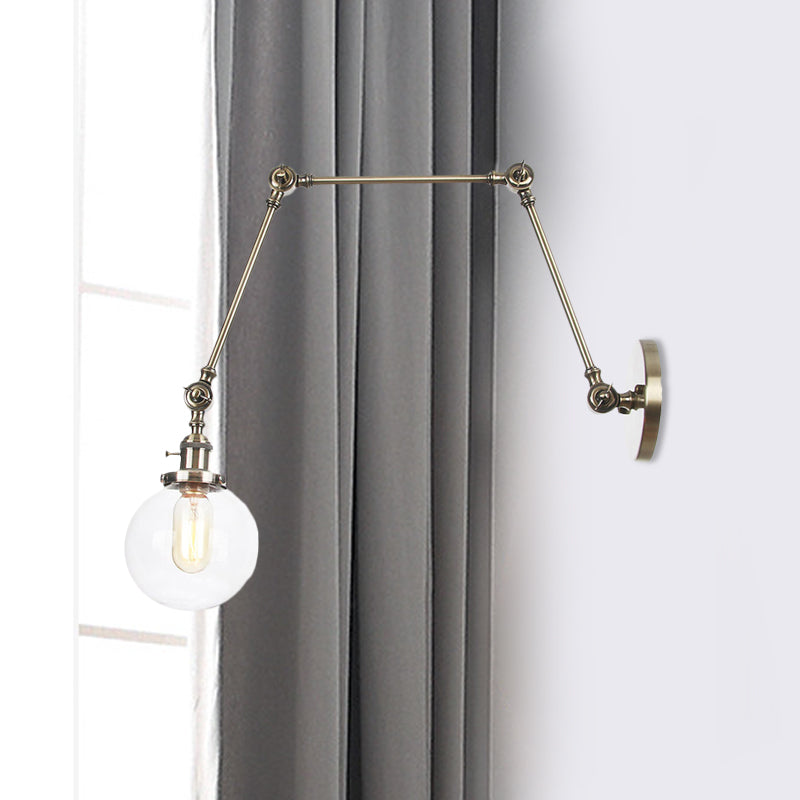 1 Light Clear/Amber Glass Wall Mount Light Vintage Chrome/Copper/Bronze Orb Living Room Sconce Lamp with Adjustable Arm, 8"+8"/8"+8"+8" L Bronze Clear 8"+8"+8" Clearhalo 'Art deco wall lights' 'Cast Iron' 'Glass' 'Industrial wall lights' 'Industrial' 'Middle century wall lights' 'Modern' 'Rustic wall lights' 'Tiffany' 'Traditional wall lights' 'Wall Lamps & Sconces' 'Wall Lights' Lighting' 521468