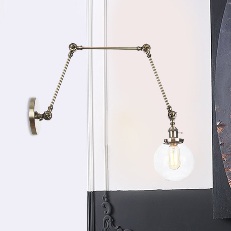 1 Light Clear/Amber Glass Wall Mount Light Vintage Chrome/Copper/Bronze Orb Living Room Sconce Lamp with Adjustable Arm, 8"+8"/8"+8"+8" L Clearhalo 'Art deco wall lights' 'Cast Iron' 'Glass' 'Industrial wall lights' 'Industrial' 'Middle century wall lights' 'Modern' 'Rustic wall lights' 'Tiffany' 'Traditional wall lights' 'Wall Lamps & Sconces' 'Wall Lights' Lighting' 521469