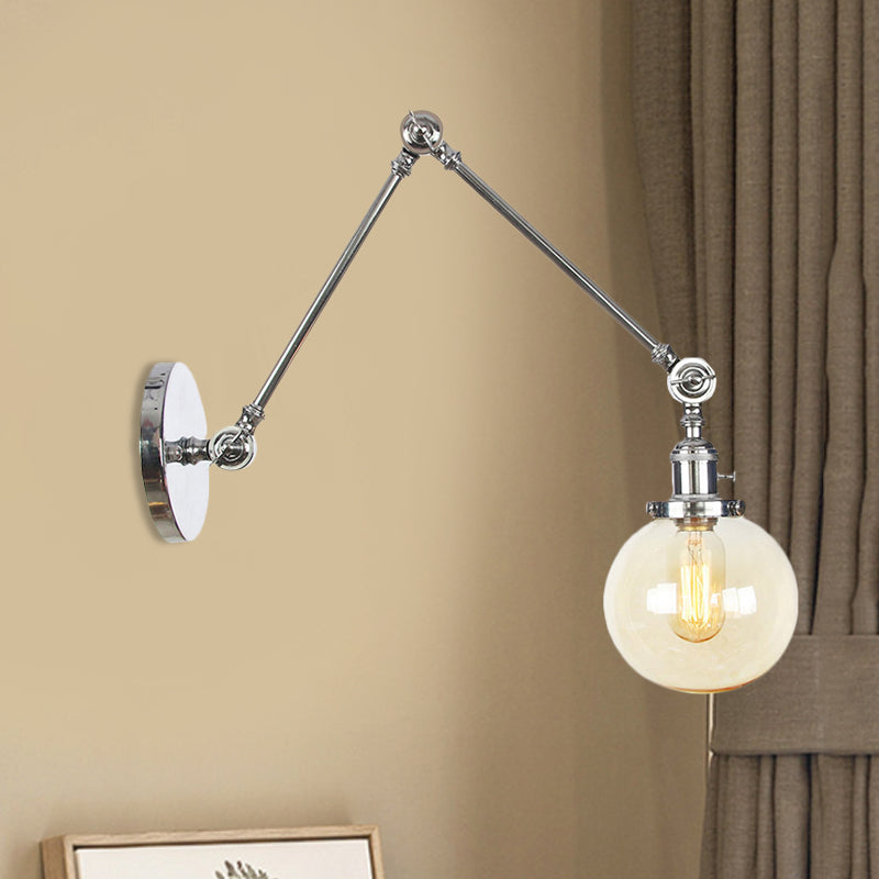 1 Light Clear/Amber Glass Wall Mount Light Vintage Chrome/Copper/Bronze Orb Living Room Sconce Lamp with Adjustable Arm, 8"+8"/8"+8"+8" L Chrome Amber 8"+8" Clearhalo 'Art deco wall lights' 'Cast Iron' 'Glass' 'Industrial wall lights' 'Industrial' 'Middle century wall lights' 'Modern' 'Rustic wall lights' 'Tiffany' 'Traditional wall lights' 'Wall Lamps & Sconces' 'Wall Lights' Lighting' 521470