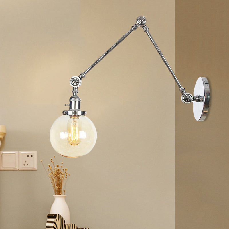 1 Light Clear/Amber Glass Wall Mount Light Vintage Chrome/Copper/Bronze Orb Living Room Sconce Lamp with Adjustable Arm, 8"+8"/8"+8"+8" L Clearhalo 'Art deco wall lights' 'Cast Iron' 'Glass' 'Industrial wall lights' 'Industrial' 'Middle century wall lights' 'Modern' 'Rustic wall lights' 'Tiffany' 'Traditional wall lights' 'Wall Lamps & Sconces' 'Wall Lights' Lighting' 521471