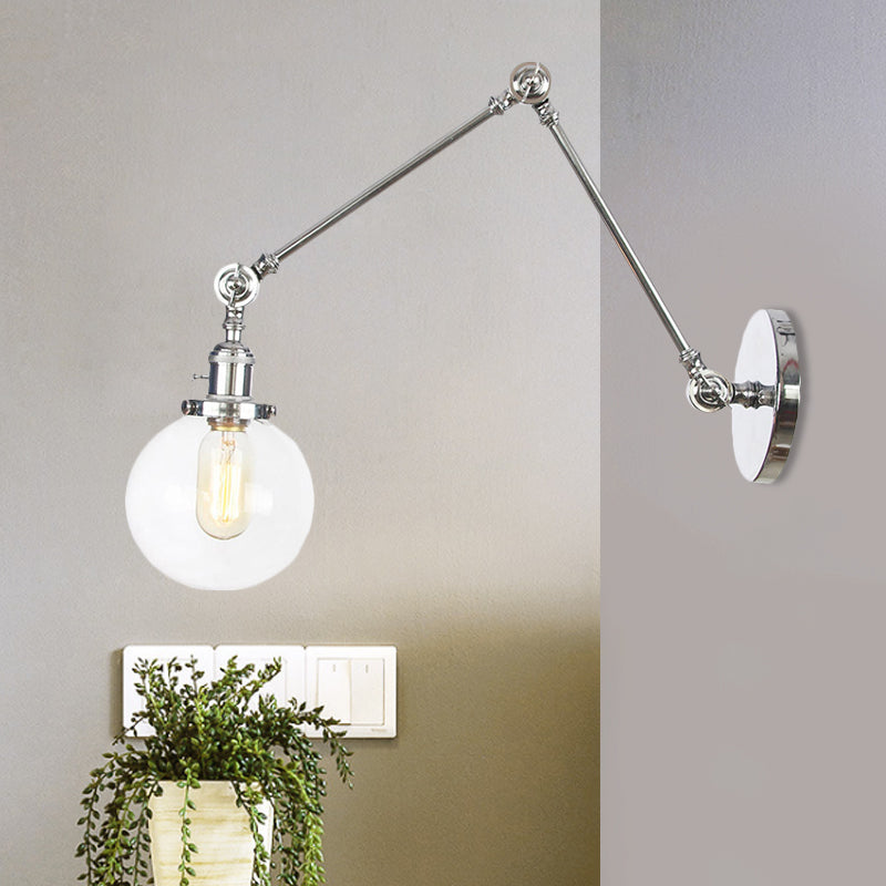 1 Light Clear/Amber Glass Wall Mount Light Vintage Chrome/Copper/Bronze Orb Living Room Sconce Lamp with Adjustable Arm, 8"+8"/8"+8"+8" L Chrome Clear 8"+8" Clearhalo 'Art deco wall lights' 'Cast Iron' 'Glass' 'Industrial wall lights' 'Industrial' 'Middle century wall lights' 'Modern' 'Rustic wall lights' 'Tiffany' 'Traditional wall lights' 'Wall Lamps & Sconces' 'Wall Lights' Lighting' 521472