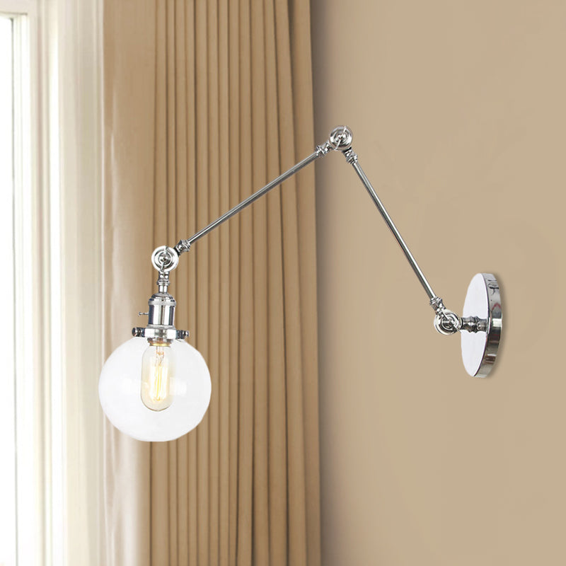 1 Light Clear/Amber Glass Wall Mount Light Vintage Chrome/Copper/Bronze Orb Living Room Sconce Lamp with Adjustable Arm, 8"+8"/8"+8"+8" L Clearhalo 'Art deco wall lights' 'Cast Iron' 'Glass' 'Industrial wall lights' 'Industrial' 'Middle century wall lights' 'Modern' 'Rustic wall lights' 'Tiffany' 'Traditional wall lights' 'Wall Lamps & Sconces' 'Wall Lights' Lighting' 521473