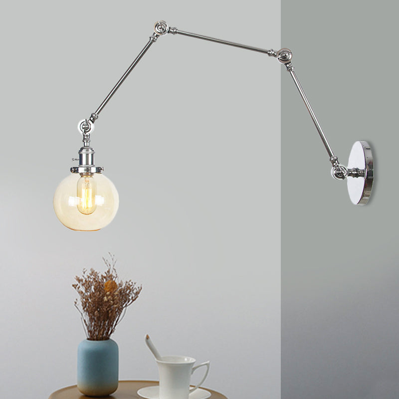 1 Light Clear/Amber Glass Wall Mount Light Vintage Chrome/Copper/Bronze Orb Living Room Sconce Lamp with Adjustable Arm, 8"+8"/8"+8"+8" L Chrome Amber 8"+8"+8" Clearhalo 'Art deco wall lights' 'Cast Iron' 'Glass' 'Industrial wall lights' 'Industrial' 'Middle century wall lights' 'Modern' 'Rustic wall lights' 'Tiffany' 'Traditional wall lights' 'Wall Lamps & Sconces' 'Wall Lights' Lighting' 521474