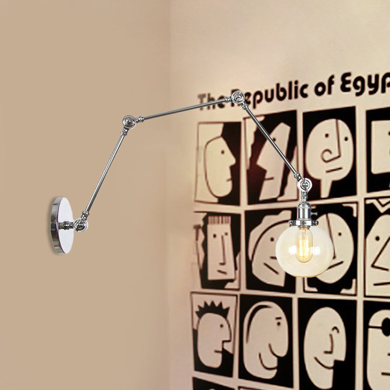 1 Light Clear/Amber Glass Wall Mount Light Vintage Chrome/Copper/Bronze Orb Living Room Sconce Lamp with Adjustable Arm, 8"+8"/8"+8"+8" L Clearhalo 'Art deco wall lights' 'Cast Iron' 'Glass' 'Industrial wall lights' 'Industrial' 'Middle century wall lights' 'Modern' 'Rustic wall lights' 'Tiffany' 'Traditional wall lights' 'Wall Lamps & Sconces' 'Wall Lights' Lighting' 521475