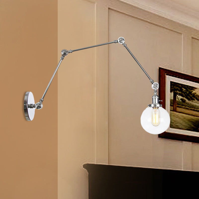 1 Light Clear/Amber Glass Wall Mount Light Vintage Chrome/Copper/Bronze Orb Living Room Sconce Lamp with Adjustable Arm, 8"+8"/8"+8"+8" L Chrome Clear 8"+8"+8" Clearhalo 'Art deco wall lights' 'Cast Iron' 'Glass' 'Industrial wall lights' 'Industrial' 'Middle century wall lights' 'Modern' 'Rustic wall lights' 'Tiffany' 'Traditional wall lights' 'Wall Lamps & Sconces' 'Wall Lights' Lighting' 521476