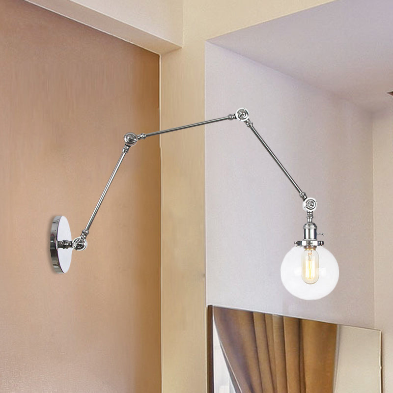 1 Light Clear/Amber Glass Wall Mount Light Vintage Chrome/Copper/Bronze Orb Living Room Sconce Lamp with Adjustable Arm, 8"+8"/8"+8"+8" L Clearhalo 'Art deco wall lights' 'Cast Iron' 'Glass' 'Industrial wall lights' 'Industrial' 'Middle century wall lights' 'Modern' 'Rustic wall lights' 'Tiffany' 'Traditional wall lights' 'Wall Lamps & Sconces' 'Wall Lights' Lighting' 521477