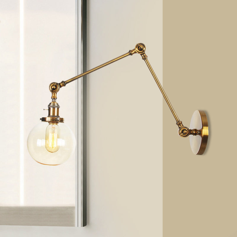 1 Light Clear/Amber Glass Wall Mount Light Vintage Chrome/Copper/Bronze Orb Living Room Sconce Lamp with Adjustable Arm, 8"+8"/8"+8"+8" L Brass Amber 8"+8" Clearhalo 'Art deco wall lights' 'Cast Iron' 'Glass' 'Industrial wall lights' 'Industrial' 'Middle century wall lights' 'Modern' 'Rustic wall lights' 'Tiffany' 'Traditional wall lights' 'Wall Lamps & Sconces' 'Wall Lights' Lighting' 521478