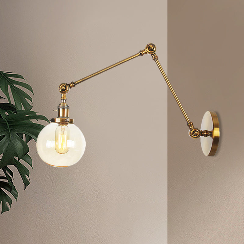 1 Light Clear/Amber Glass Wall Mount Light Vintage Chrome/Copper/Bronze Orb Living Room Sconce Lamp with Adjustable Arm, 8"+8"/8"+8"+8" L Clearhalo 'Art deco wall lights' 'Cast Iron' 'Glass' 'Industrial wall lights' 'Industrial' 'Middle century wall lights' 'Modern' 'Rustic wall lights' 'Tiffany' 'Traditional wall lights' 'Wall Lamps & Sconces' 'Wall Lights' Lighting' 521479