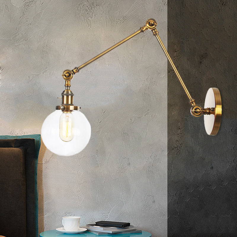 1 Light Clear/Amber Glass Wall Mount Light Vintage Chrome/Copper/Bronze Orb Living Room Sconce Lamp with Adjustable Arm, 8"+8"/8"+8"+8" L Brass Clear 8"+8" Clearhalo 'Art deco wall lights' 'Cast Iron' 'Glass' 'Industrial wall lights' 'Industrial' 'Middle century wall lights' 'Modern' 'Rustic wall lights' 'Tiffany' 'Traditional wall lights' 'Wall Lamps & Sconces' 'Wall Lights' Lighting' 521480