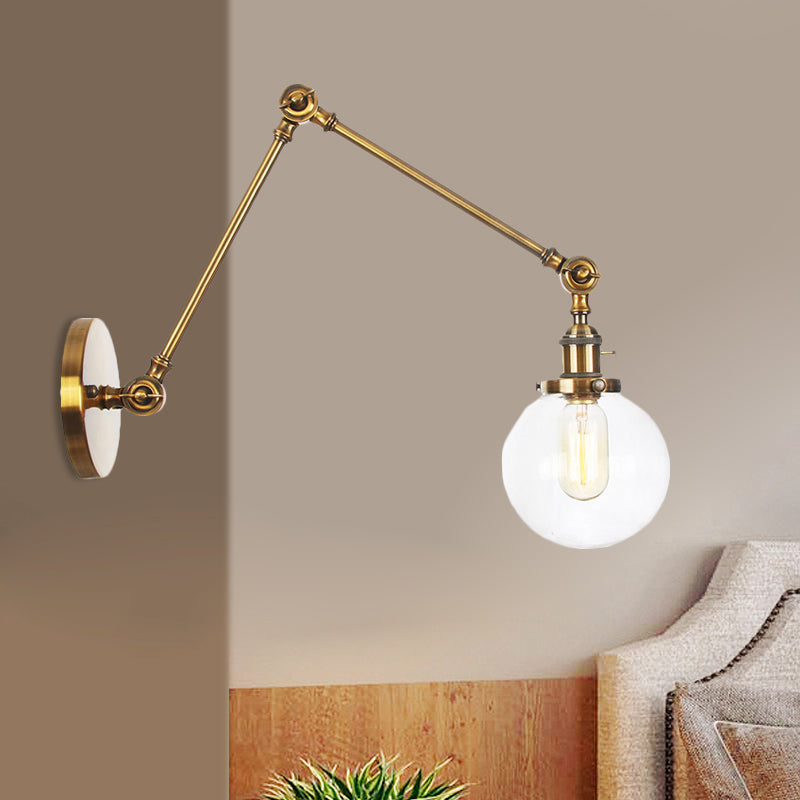 1 Light Clear/Amber Glass Wall Mount Light Vintage Chrome/Copper/Bronze Orb Living Room Sconce Lamp with Adjustable Arm, 8"+8"/8"+8"+8" L Clearhalo 'Art deco wall lights' 'Cast Iron' 'Glass' 'Industrial wall lights' 'Industrial' 'Middle century wall lights' 'Modern' 'Rustic wall lights' 'Tiffany' 'Traditional wall lights' 'Wall Lamps & Sconces' 'Wall Lights' Lighting' 521481