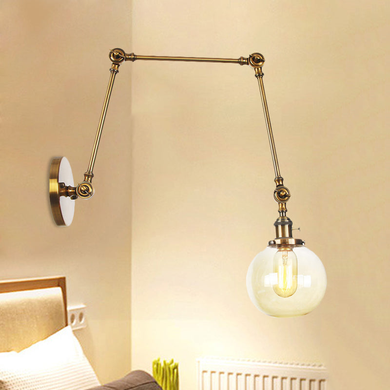 1 Light Clear/Amber Glass Wall Mount Light Vintage Chrome/Copper/Bronze Orb Living Room Sconce Lamp with Adjustable Arm, 8"+8"/8"+8"+8" L Brass Amber 8"+8"+8" Clearhalo 'Art deco wall lights' 'Cast Iron' 'Glass' 'Industrial wall lights' 'Industrial' 'Middle century wall lights' 'Modern' 'Rustic wall lights' 'Tiffany' 'Traditional wall lights' 'Wall Lamps & Sconces' 'Wall Lights' Lighting' 521482