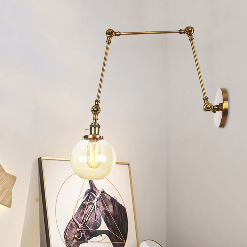 1 Light Clear/Amber Glass Wall Mount Light Vintage Chrome/Copper/Bronze Orb Living Room Sconce Lamp with Adjustable Arm, 8"+8"/8"+8"+8" L Clearhalo 'Art deco wall lights' 'Cast Iron' 'Glass' 'Industrial wall lights' 'Industrial' 'Middle century wall lights' 'Modern' 'Rustic wall lights' 'Tiffany' 'Traditional wall lights' 'Wall Lamps & Sconces' 'Wall Lights' Lighting' 521483