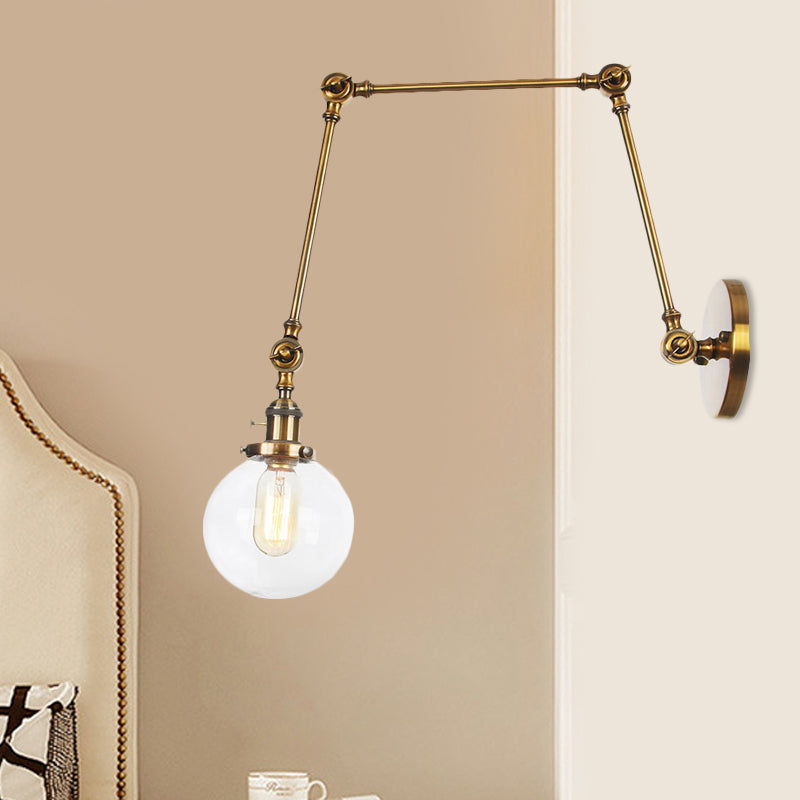 1 Light Clear/Amber Glass Wall Mount Light Vintage Chrome/Copper/Bronze Orb Living Room Sconce Lamp with Adjustable Arm, 8"+8"/8"+8"+8" L Brass Clear 8"+8"+8" Clearhalo 'Art deco wall lights' 'Cast Iron' 'Glass' 'Industrial wall lights' 'Industrial' 'Middle century wall lights' 'Modern' 'Rustic wall lights' 'Tiffany' 'Traditional wall lights' 'Wall Lamps & Sconces' 'Wall Lights' Lighting' 521484