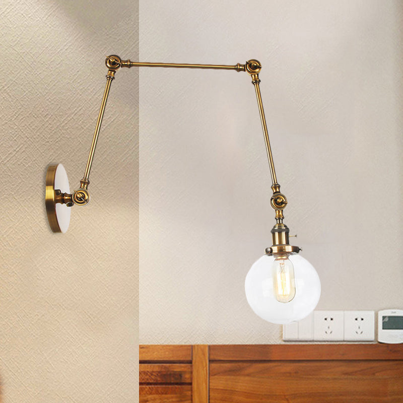 1 Light Clear/Amber Glass Wall Mount Light Vintage Chrome/Copper/Bronze Orb Living Room Sconce Lamp with Adjustable Arm, 8"+8"/8"+8"+8" L Clearhalo 'Art deco wall lights' 'Cast Iron' 'Glass' 'Industrial wall lights' 'Industrial' 'Middle century wall lights' 'Modern' 'Rustic wall lights' 'Tiffany' 'Traditional wall lights' 'Wall Lamps & Sconces' 'Wall Lights' Lighting' 521485