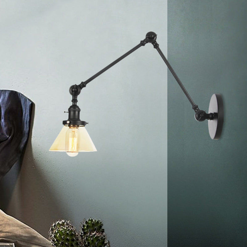 1 Light Wall Lamp Industrial Conical Clear/Amber Glass Sconce in Black/Bronze/Brass with Adjustable Arm, 8“+8"/8"+8"+8" Long Black Amber 8"+8" Clearhalo 'Art deco wall lights' 'Cast Iron' 'Glass' 'Industrial wall lights' 'Industrial' 'Middle century wall lights' 'Modern' 'Rustic wall lights' 'Tiffany' 'Traditional wall lights' 'Wall Lamps & Sconces' 'Wall Lights' Lighting' 521903