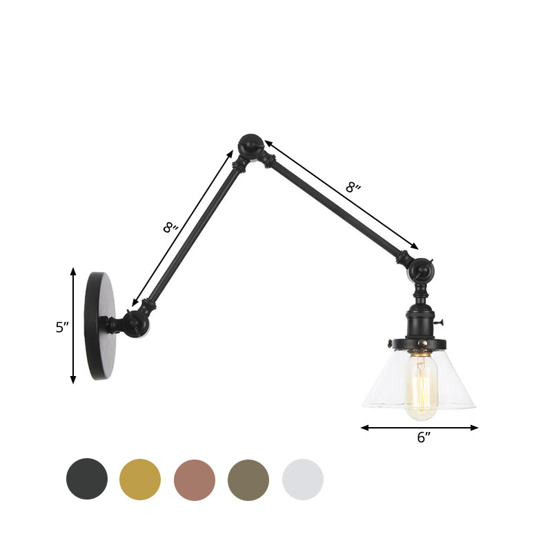 1 Light Wall Lamp Industrial Conical Clear/Amber Glass Sconce in Black/Bronze/Brass with Adjustable Arm, 8“+8"/8"+8"+8" Long Clearhalo 'Art deco wall lights' 'Cast Iron' 'Glass' 'Industrial wall lights' 'Industrial' 'Middle century wall lights' 'Modern' 'Rustic wall lights' 'Tiffany' 'Traditional wall lights' 'Wall Lamps & Sconces' 'Wall Lights' Lighting' 521911