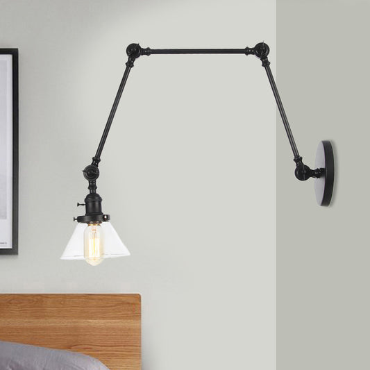 1 Light Wall Lamp Industrial Conical Clear/Amber Glass Sconce in Black/Bronze/Brass with Adjustable Arm, 8“+8"/8"+8"+8" Long Black Clear 8"+8"+8" Clearhalo 'Art deco wall lights' 'Cast Iron' 'Glass' 'Industrial wall lights' 'Industrial' 'Middle century wall lights' 'Modern' 'Rustic wall lights' 'Tiffany' 'Traditional wall lights' 'Wall Lamps & Sconces' 'Wall Lights' Lighting' 521912