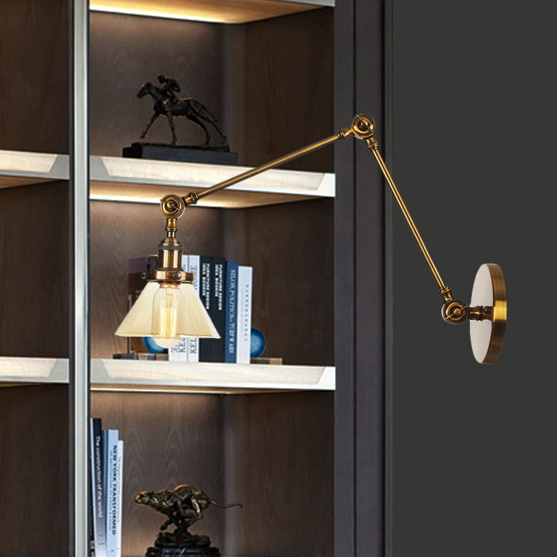 1 Light Wall Lamp Industrial Conical Clear/Amber Glass Sconce in Black/Bronze/Brass with Adjustable Arm, 8“+8"/8"+8"+8" Long Brass Amber 8"+8" Clearhalo 'Art deco wall lights' 'Cast Iron' 'Glass' 'Industrial wall lights' 'Industrial' 'Middle century wall lights' 'Modern' 'Rustic wall lights' 'Tiffany' 'Traditional wall lights' 'Wall Lamps & Sconces' 'Wall Lights' Lighting' 521915