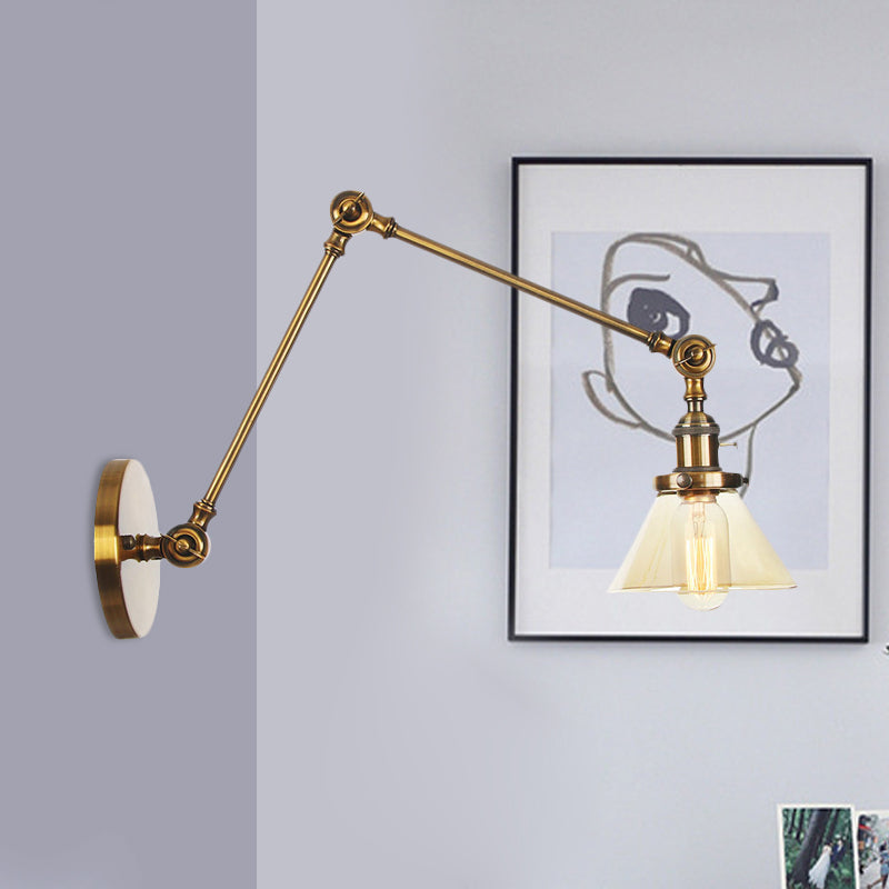 1 Light Wall Lamp Industrial Conical Clear/Amber Glass Sconce in Black/Bronze/Brass with Adjustable Arm, 8“+8"/8"+8"+8" Long Clearhalo 'Art deco wall lights' 'Cast Iron' 'Glass' 'Industrial wall lights' 'Industrial' 'Middle century wall lights' 'Modern' 'Rustic wall lights' 'Tiffany' 'Traditional wall lights' 'Wall Lamps & Sconces' 'Wall Lights' Lighting' 521916