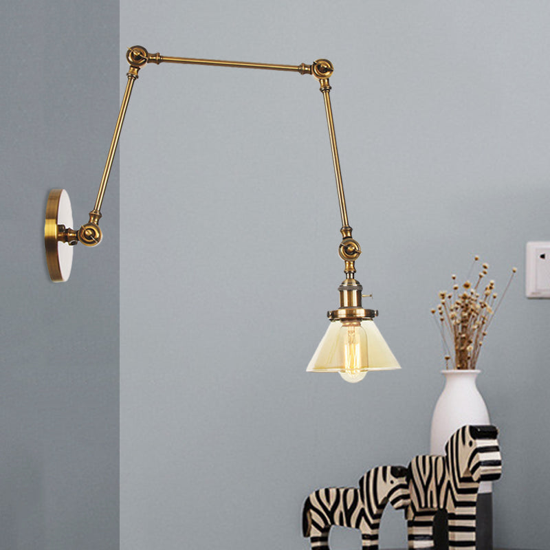 1 Light Wall Lamp Industrial Conical Clear/Amber Glass Sconce in Black/Bronze/Brass with Adjustable Arm, 8“+8"/8"+8"+8" Long Brass Amber 8"+8"+8" Clearhalo 'Art deco wall lights' 'Cast Iron' 'Glass' 'Industrial wall lights' 'Industrial' 'Middle century wall lights' 'Modern' 'Rustic wall lights' 'Tiffany' 'Traditional wall lights' 'Wall Lamps & Sconces' 'Wall Lights' Lighting' 521917