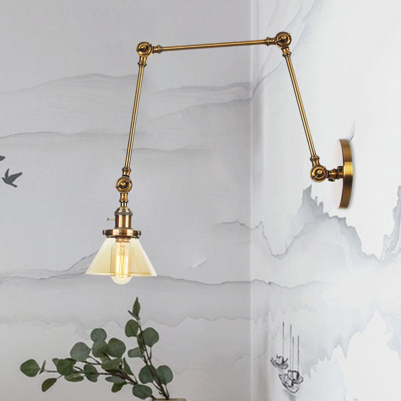 1 Light Wall Lamp Industrial Conical Clear/Amber Glass Sconce in Black/Bronze/Brass with Adjustable Arm, 8“+8"/8"+8"+8" Long Clearhalo 'Art deco wall lights' 'Cast Iron' 'Glass' 'Industrial wall lights' 'Industrial' 'Middle century wall lights' 'Modern' 'Rustic wall lights' 'Tiffany' 'Traditional wall lights' 'Wall Lamps & Sconces' 'Wall Lights' Lighting' 521918