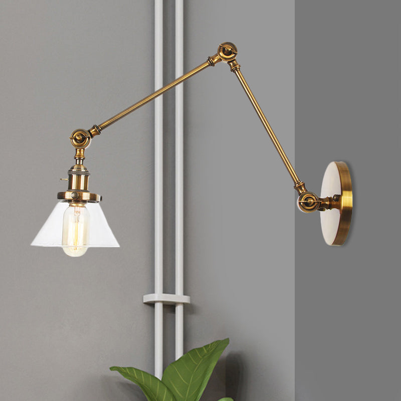1 Light Wall Lamp Industrial Conical Clear/Amber Glass Sconce in Black/Bronze/Brass with Adjustable Arm, 8“+8"/8"+8"+8" Long Clearhalo 'Art deco wall lights' 'Cast Iron' 'Glass' 'Industrial wall lights' 'Industrial' 'Middle century wall lights' 'Modern' 'Rustic wall lights' 'Tiffany' 'Traditional wall lights' 'Wall Lamps & Sconces' 'Wall Lights' Lighting' 521919