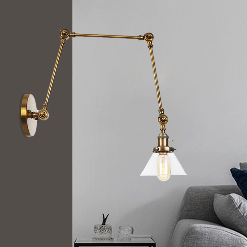 1 Light Wall Lamp Industrial Conical Clear/Amber Glass Sconce in Black/Bronze/Brass with Adjustable Arm, 8“+8"/8"+8"+8" Long Brass Clear 8"+8"+8" Clearhalo 'Art deco wall lights' 'Cast Iron' 'Glass' 'Industrial wall lights' 'Industrial' 'Middle century wall lights' 'Modern' 'Rustic wall lights' 'Tiffany' 'Traditional wall lights' 'Wall Lamps & Sconces' 'Wall Lights' Lighting' 521921