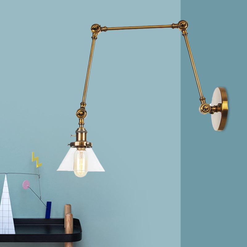 1 Light Wall Lamp Industrial Conical Clear/Amber Glass Sconce in Black/Bronze/Brass with Adjustable Arm, 8“+8"/8"+8"+8" Long Clearhalo 'Art deco wall lights' 'Cast Iron' 'Glass' 'Industrial wall lights' 'Industrial' 'Middle century wall lights' 'Modern' 'Rustic wall lights' 'Tiffany' 'Traditional wall lights' 'Wall Lamps & Sconces' 'Wall Lights' Lighting' 521922