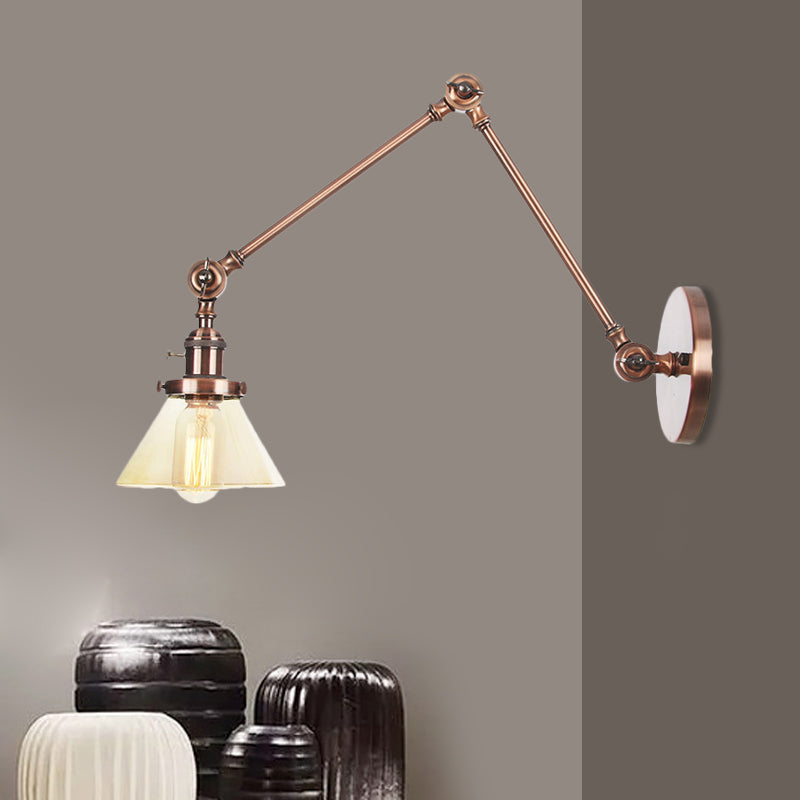 1 Light Wall Lamp Industrial Conical Clear/Amber Glass Sconce in Black/Bronze/Brass with Adjustable Arm, 8“+8"/8"+8"+8" Long Clearhalo 'Art deco wall lights' 'Cast Iron' 'Glass' 'Industrial wall lights' 'Industrial' 'Middle century wall lights' 'Modern' 'Rustic wall lights' 'Tiffany' 'Traditional wall lights' 'Wall Lamps & Sconces' 'Wall Lights' Lighting' 521924