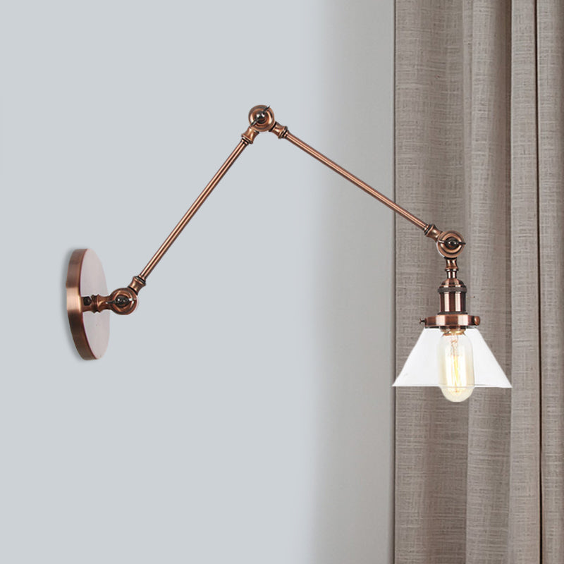 1 Light Wall Lamp Industrial Conical Clear/Amber Glass Sconce in Black/Bronze/Brass with Adjustable Arm, 8“+8"/8"+8"+8" Long Copper Clear 8"+8" Clearhalo 'Art deco wall lights' 'Cast Iron' 'Glass' 'Industrial wall lights' 'Industrial' 'Middle century wall lights' 'Modern' 'Rustic wall lights' 'Tiffany' 'Traditional wall lights' 'Wall Lamps & Sconces' 'Wall Lights' Lighting' 521927