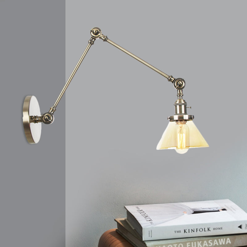 1 Light Wall Lamp Industrial Conical Clear/Amber Glass Sconce in Black/Bronze/Brass with Adjustable Arm, 8“+8"/8"+8"+8" Long Clearhalo 'Art deco wall lights' 'Cast Iron' 'Glass' 'Industrial wall lights' 'Industrial' 'Middle century wall lights' 'Modern' 'Rustic wall lights' 'Tiffany' 'Traditional wall lights' 'Wall Lamps & Sconces' 'Wall Lights' Lighting' 521932