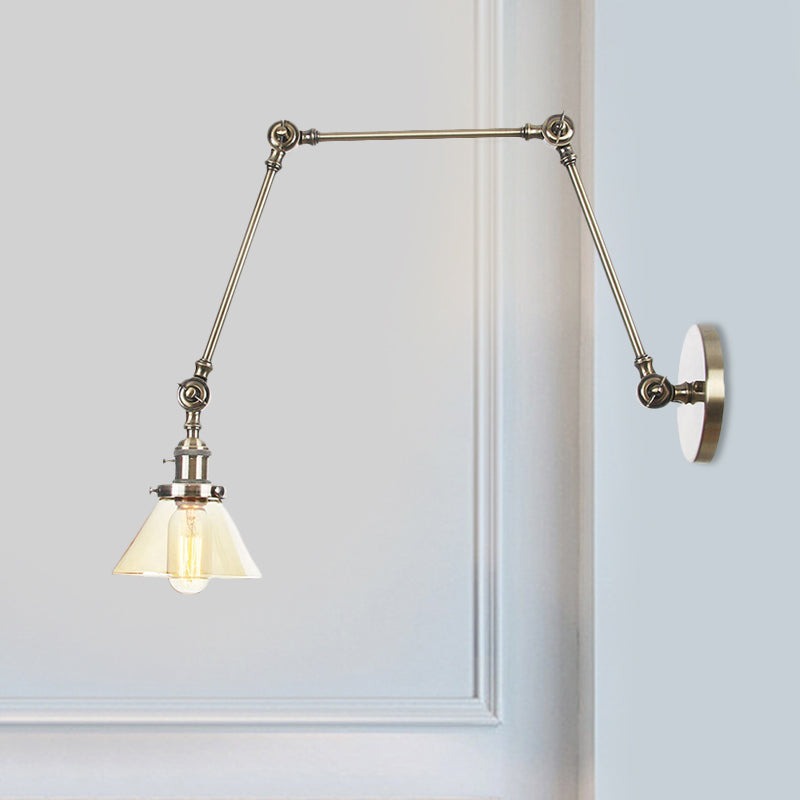 1 Light Wall Lamp Industrial Conical Clear/Amber Glass Sconce in Black/Bronze/Brass with Adjustable Arm, 8“+8"/8"+8"+8" Long Bronze Amber 8"+8"+8" Clearhalo 'Art deco wall lights' 'Cast Iron' 'Glass' 'Industrial wall lights' 'Industrial' 'Middle century wall lights' 'Modern' 'Rustic wall lights' 'Tiffany' 'Traditional wall lights' 'Wall Lamps & Sconces' 'Wall Lights' Lighting' 521933