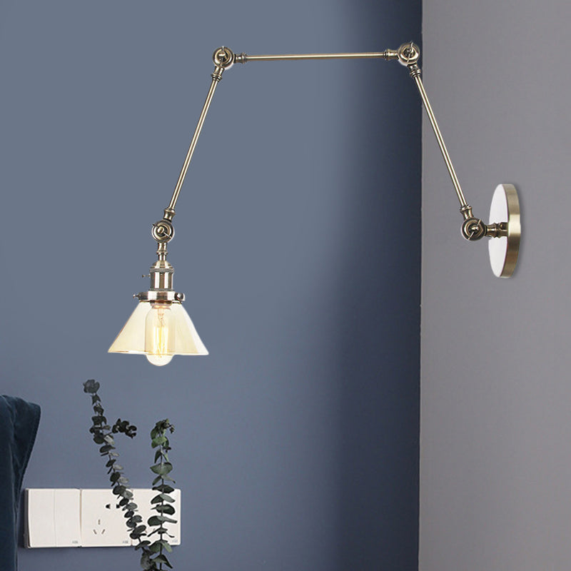 1 Light Wall Lamp Industrial Conical Clear/Amber Glass Sconce in Black/Bronze/Brass with Adjustable Arm, 8“+8"/8"+8"+8" Long Clearhalo 'Art deco wall lights' 'Cast Iron' 'Glass' 'Industrial wall lights' 'Industrial' 'Middle century wall lights' 'Modern' 'Rustic wall lights' 'Tiffany' 'Traditional wall lights' 'Wall Lamps & Sconces' 'Wall Lights' Lighting' 521934