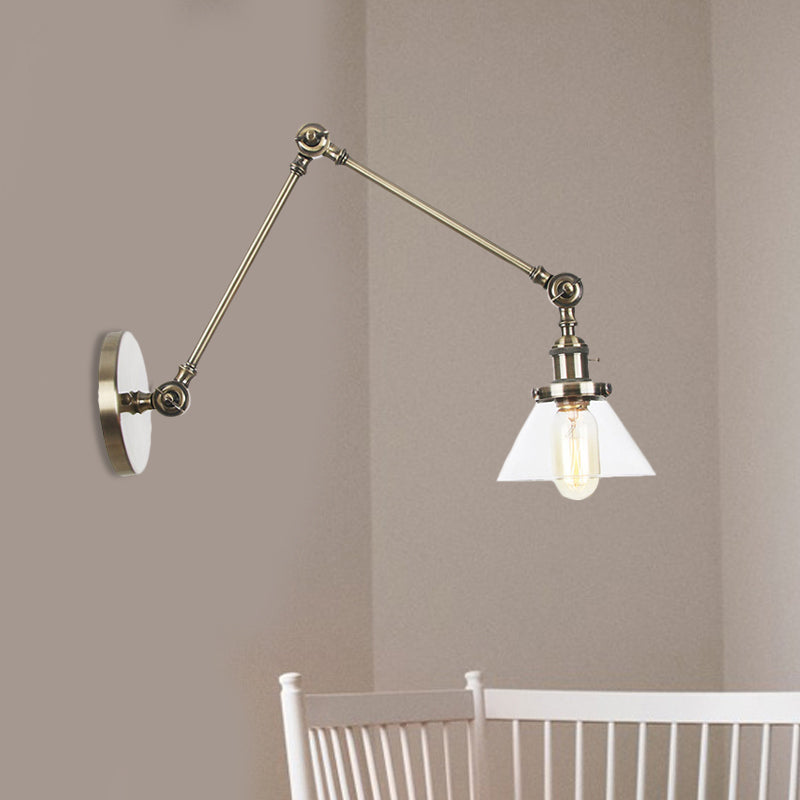 1 Light Wall Lamp Industrial Conical Clear/Amber Glass Sconce in Black/Bronze/Brass with Adjustable Arm, 8“+8"/8"+8"+8" Long Bronze Clear 8"+8" Clearhalo 'Art deco wall lights' 'Cast Iron' 'Glass' 'Industrial wall lights' 'Industrial' 'Middle century wall lights' 'Modern' 'Rustic wall lights' 'Tiffany' 'Traditional wall lights' 'Wall Lamps & Sconces' 'Wall Lights' Lighting' 521935