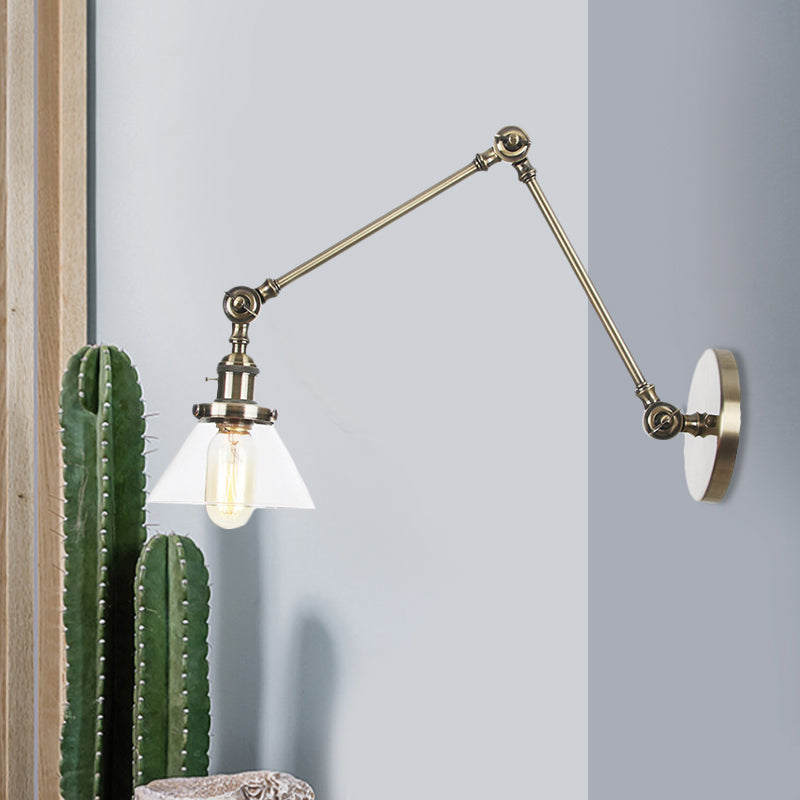 1 Light Wall Lamp Industrial Conical Clear/Amber Glass Sconce in Black/Bronze/Brass with Adjustable Arm, 8“+8"/8"+8"+8" Long Clearhalo 'Art deco wall lights' 'Cast Iron' 'Glass' 'Industrial wall lights' 'Industrial' 'Middle century wall lights' 'Modern' 'Rustic wall lights' 'Tiffany' 'Traditional wall lights' 'Wall Lamps & Sconces' 'Wall Lights' Lighting' 521936