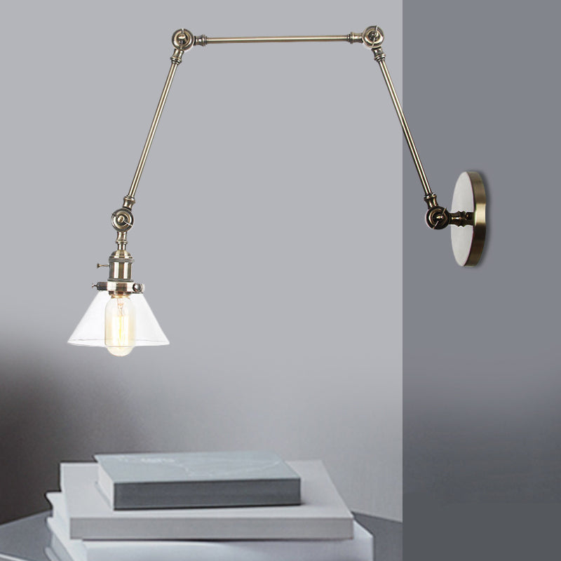1 Light Wall Lamp Industrial Conical Clear/Amber Glass Sconce in Black/Bronze/Brass with Adjustable Arm, 8“+8"/8"+8"+8" Long Bronze Clear 8"+8"+8" Clearhalo 'Art deco wall lights' 'Cast Iron' 'Glass' 'Industrial wall lights' 'Industrial' 'Middle century wall lights' 'Modern' 'Rustic wall lights' 'Tiffany' 'Traditional wall lights' 'Wall Lamps & Sconces' 'Wall Lights' Lighting' 521937
