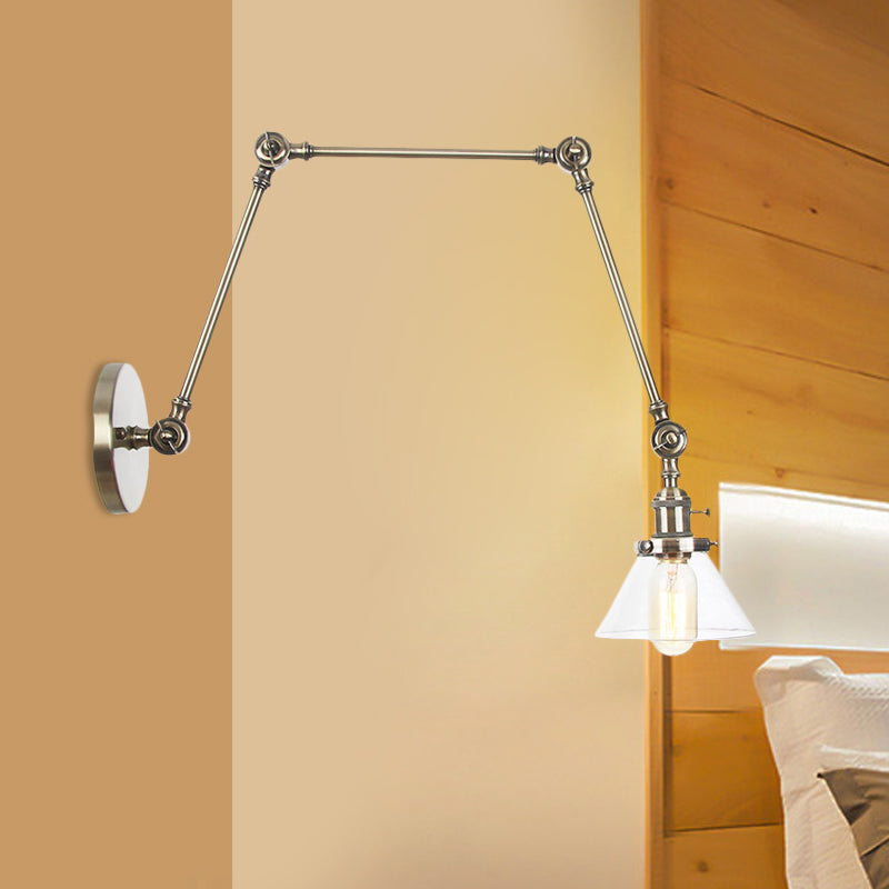 1 Light Wall Lamp Industrial Conical Clear/Amber Glass Sconce in Black/Bronze/Brass with Adjustable Arm, 8“+8"/8"+8"+8" Long Clearhalo 'Art deco wall lights' 'Cast Iron' 'Glass' 'Industrial wall lights' 'Industrial' 'Middle century wall lights' 'Modern' 'Rustic wall lights' 'Tiffany' 'Traditional wall lights' 'Wall Lamps & Sconces' 'Wall Lights' Lighting' 521938