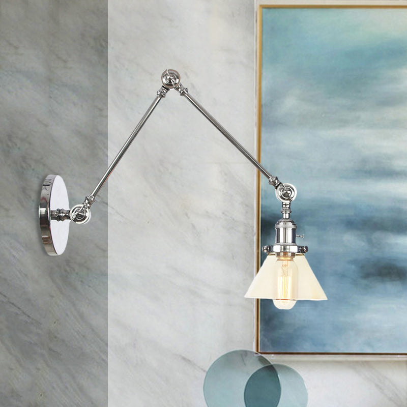 1 Light Wall Lamp Industrial Conical Clear/Amber Glass Sconce in Black/Bronze/Brass with Adjustable Arm, 8“+8"/8"+8"+8" Long Chrome Amber 8"+8" Clearhalo 'Art deco wall lights' 'Cast Iron' 'Glass' 'Industrial wall lights' 'Industrial' 'Middle century wall lights' 'Modern' 'Rustic wall lights' 'Tiffany' 'Traditional wall lights' 'Wall Lamps & Sconces' 'Wall Lights' Lighting' 521939