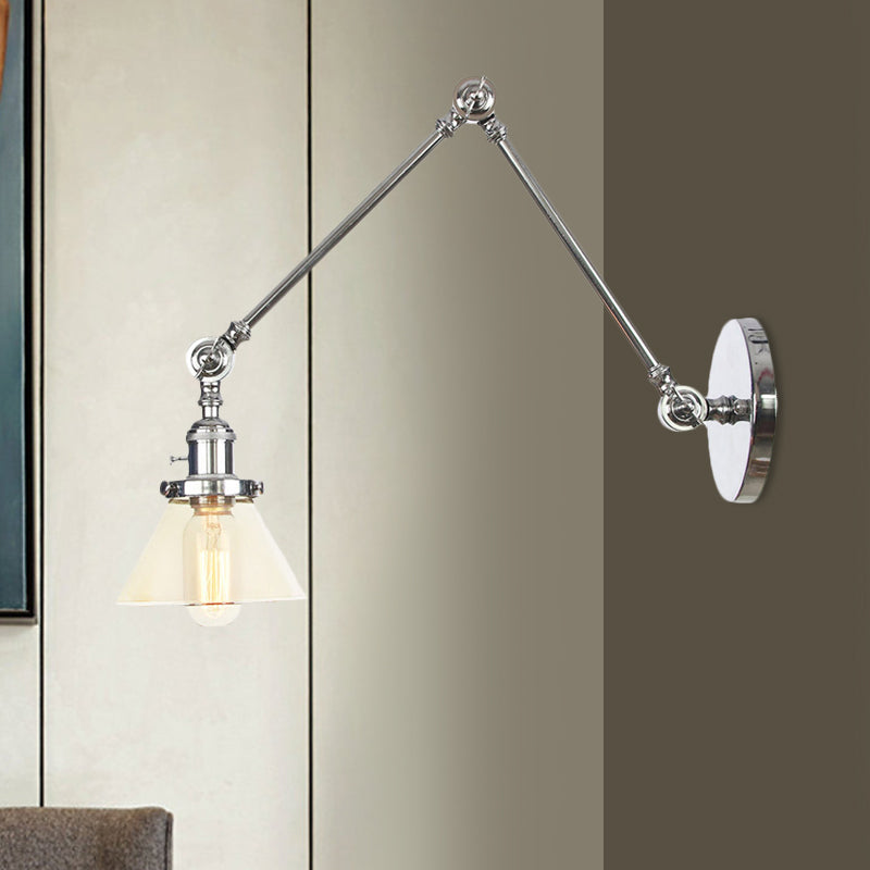 1 Light Wall Lamp Industrial Conical Clear/Amber Glass Sconce in Black/Bronze/Brass with Adjustable Arm, 8“+8"/8"+8"+8" Long Clearhalo 'Art deco wall lights' 'Cast Iron' 'Glass' 'Industrial wall lights' 'Industrial' 'Middle century wall lights' 'Modern' 'Rustic wall lights' 'Tiffany' 'Traditional wall lights' 'Wall Lamps & Sconces' 'Wall Lights' Lighting' 521940