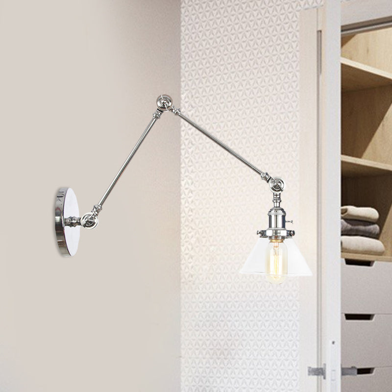 1 Light Wall Lamp Industrial Conical Clear/Amber Glass Sconce in Black/Bronze/Brass with Adjustable Arm, 8“+8"/8"+8"+8" Long Clearhalo 'Art deco wall lights' 'Cast Iron' 'Glass' 'Industrial wall lights' 'Industrial' 'Middle century wall lights' 'Modern' 'Rustic wall lights' 'Tiffany' 'Traditional wall lights' 'Wall Lamps & Sconces' 'Wall Lights' Lighting' 521944