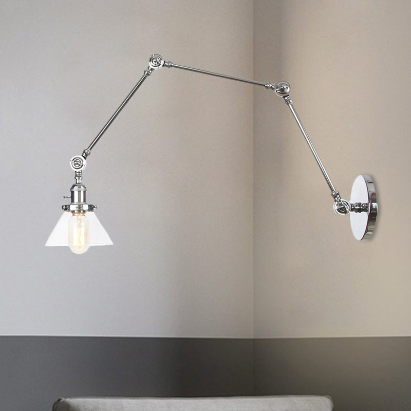 1 Light Wall Lamp Industrial Conical Clear/Amber Glass Sconce in Black/Bronze/Brass with Adjustable Arm, 8“+8"/8"+8"+8" Long Chrome Clear 8"+8"+8" Clearhalo 'Art deco wall lights' 'Cast Iron' 'Glass' 'Industrial wall lights' 'Industrial' 'Middle century wall lights' 'Modern' 'Rustic wall lights' 'Tiffany' 'Traditional wall lights' 'Wall Lamps & Sconces' 'Wall Lights' Lighting' 521945