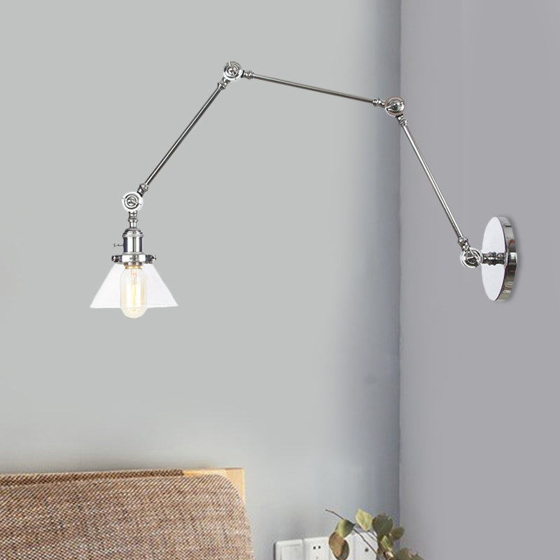 1 Light Wall Lamp Industrial Conical Clear/Amber Glass Sconce in Black/Bronze/Brass with Adjustable Arm, 8“+8"/8"+8"+8" Long Clearhalo 'Art deco wall lights' 'Cast Iron' 'Glass' 'Industrial wall lights' 'Industrial' 'Middle century wall lights' 'Modern' 'Rustic wall lights' 'Tiffany' 'Traditional wall lights' 'Wall Lamps & Sconces' 'Wall Lights' Lighting' 521946