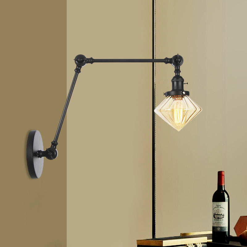 1 Light Dining Room Sconce Light Vintage Black/Bronze/Brass Wall Mounted Lamp with Diamond Clear/Amber Glass Shade, 8"+8"/8"+8"+8" L Adjustable Arm Black Amber 8"+8" Clearhalo 'Art deco wall lights' 'Cast Iron' 'Glass' 'Industrial wall lights' 'Industrial' 'Middle century wall lights' 'Modern' 'Rustic wall lights' 'Tiffany' 'Traditional wall lights' 'Wall Lamps & Sconces' 'Wall Lights' Lighting' 522325