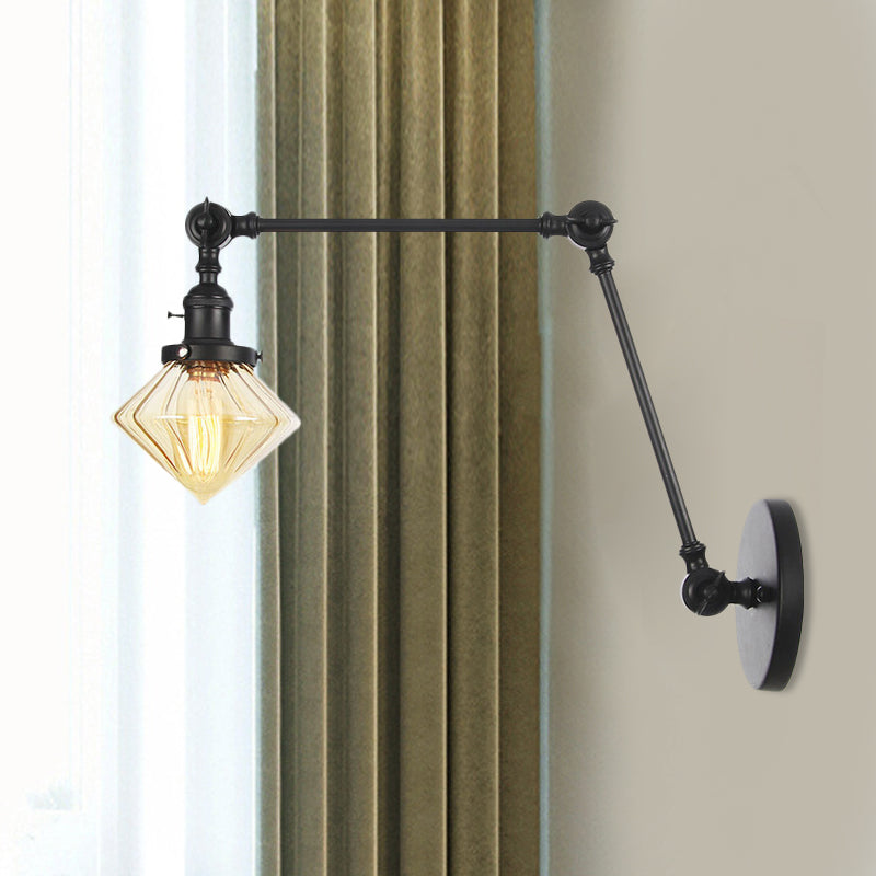 1 Light Dining Room Sconce Light Vintage Black/Bronze/Brass Wall Mounted Lamp with Diamond Clear/Amber Glass Shade, 8"+8"/8"+8"+8" L Adjustable Arm Clearhalo 'Art deco wall lights' 'Cast Iron' 'Glass' 'Industrial wall lights' 'Industrial' 'Middle century wall lights' 'Modern' 'Rustic wall lights' 'Tiffany' 'Traditional wall lights' 'Wall Lamps & Sconces' 'Wall Lights' Lighting' 522326