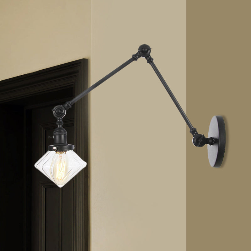 1 Light Dining Room Sconce Light Vintage Black/Bronze/Brass Wall Mounted Lamp with Diamond Clear/Amber Glass Shade, 8"+8"/8"+8"+8" L Adjustable Arm Black Clear 8"+8" Clearhalo 'Art deco wall lights' 'Cast Iron' 'Glass' 'Industrial wall lights' 'Industrial' 'Middle century wall lights' 'Modern' 'Rustic wall lights' 'Tiffany' 'Traditional wall lights' 'Wall Lamps & Sconces' 'Wall Lights' Lighting' 522328