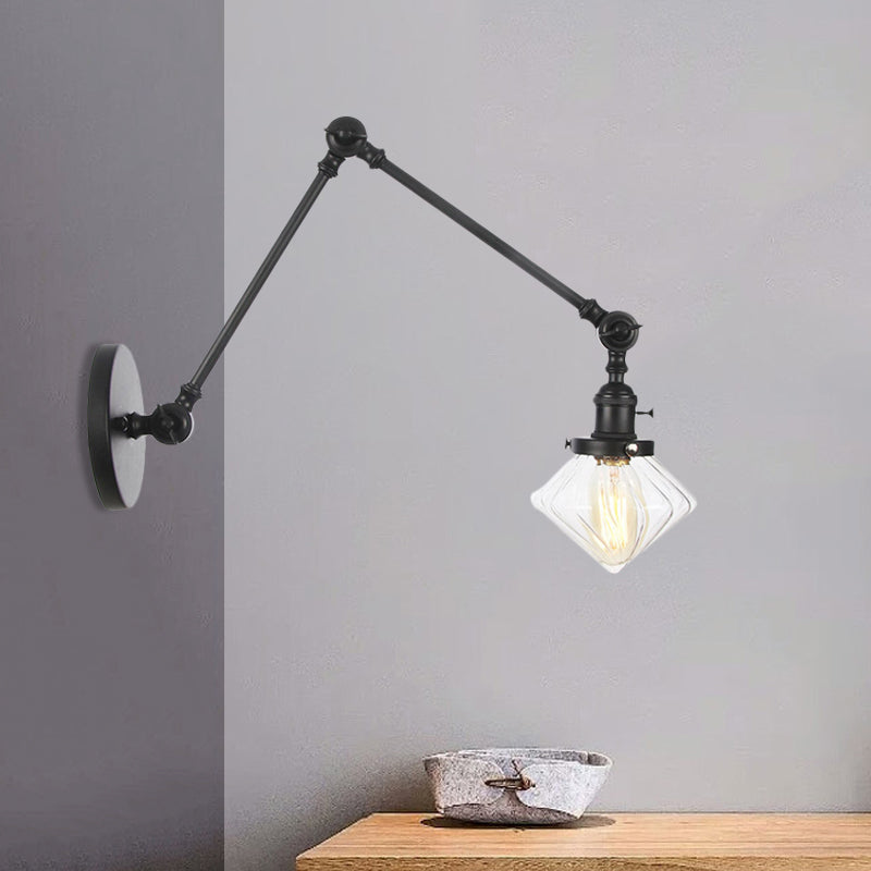 1 Light Dining Room Sconce Light Vintage Black/Bronze/Brass Wall Mounted Lamp with Diamond Clear/Amber Glass Shade, 8"+8"/8"+8"+8" L Adjustable Arm Clearhalo 'Art deco wall lights' 'Cast Iron' 'Glass' 'Industrial wall lights' 'Industrial' 'Middle century wall lights' 'Modern' 'Rustic wall lights' 'Tiffany' 'Traditional wall lights' 'Wall Lamps & Sconces' 'Wall Lights' Lighting' 522329