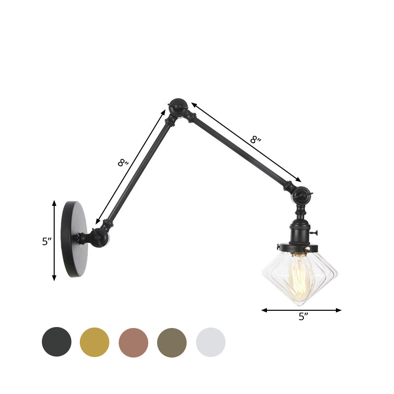 1 Light Dining Room Sconce Light Vintage Black/Bronze/Brass Wall Mounted Lamp with Diamond Clear/Amber Glass Shade, 8"+8"/8"+8"+8" L Adjustable Arm Clearhalo 'Art deco wall lights' 'Cast Iron' 'Glass' 'Industrial wall lights' 'Industrial' 'Middle century wall lights' 'Modern' 'Rustic wall lights' 'Tiffany' 'Traditional wall lights' 'Wall Lamps & Sconces' 'Wall Lights' Lighting' 522330