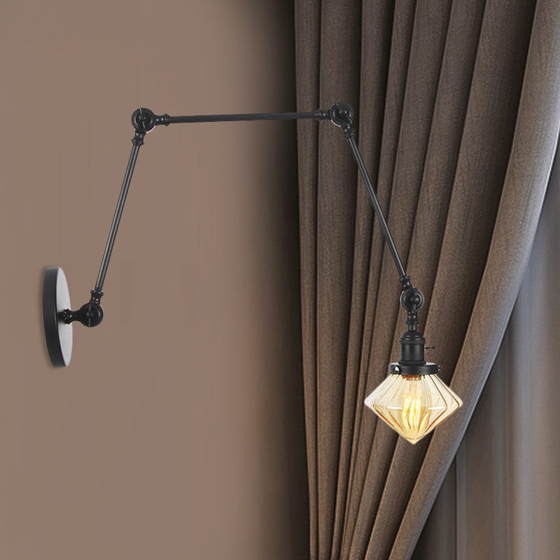 1 Light Dining Room Sconce Light Vintage Black/Bronze/Brass Wall Mounted Lamp with Diamond Clear/Amber Glass Shade, 8"+8"/8"+8"+8" L Adjustable Arm Clearhalo 'Art deco wall lights' 'Cast Iron' 'Glass' 'Industrial wall lights' 'Industrial' 'Middle century wall lights' 'Modern' 'Rustic wall lights' 'Tiffany' 'Traditional wall lights' 'Wall Lamps & Sconces' 'Wall Lights' Lighting' 522331