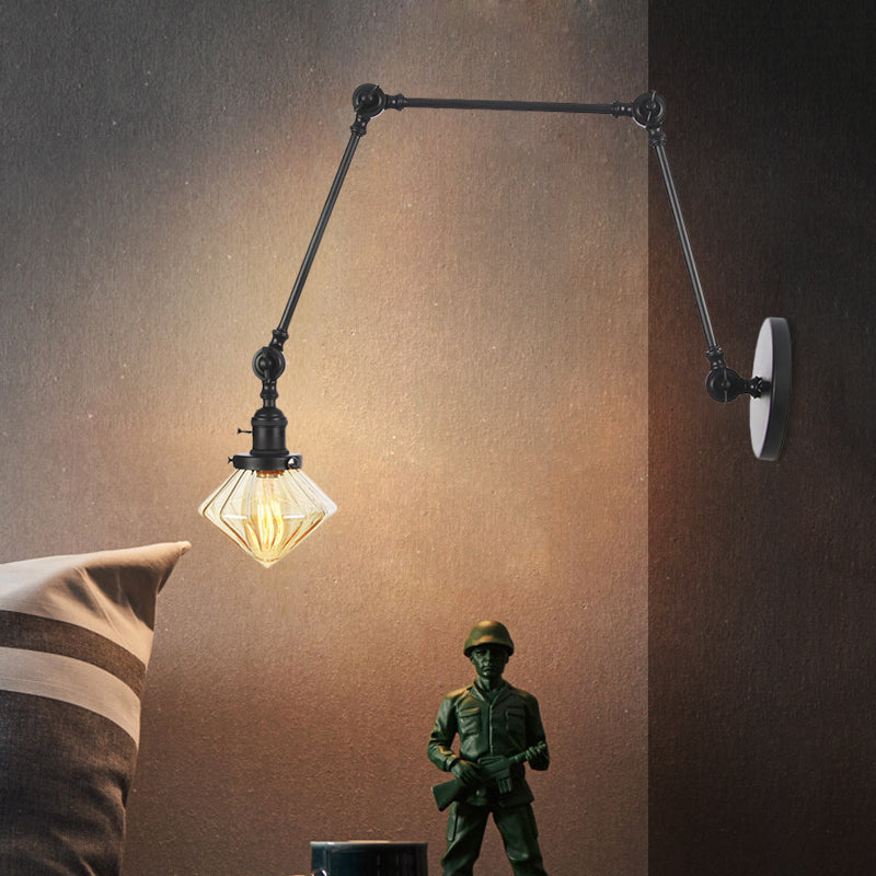 1 Light Dining Room Sconce Light Vintage Black/Bronze/Brass Wall Mounted Lamp with Diamond Clear/Amber Glass Shade, 8"+8"/8"+8"+8" L Adjustable Arm Black Amber 8"+8"+8" Clearhalo 'Art deco wall lights' 'Cast Iron' 'Glass' 'Industrial wall lights' 'Industrial' 'Middle century wall lights' 'Modern' 'Rustic wall lights' 'Tiffany' 'Traditional wall lights' 'Wall Lamps & Sconces' 'Wall Lights' Lighting' 522332