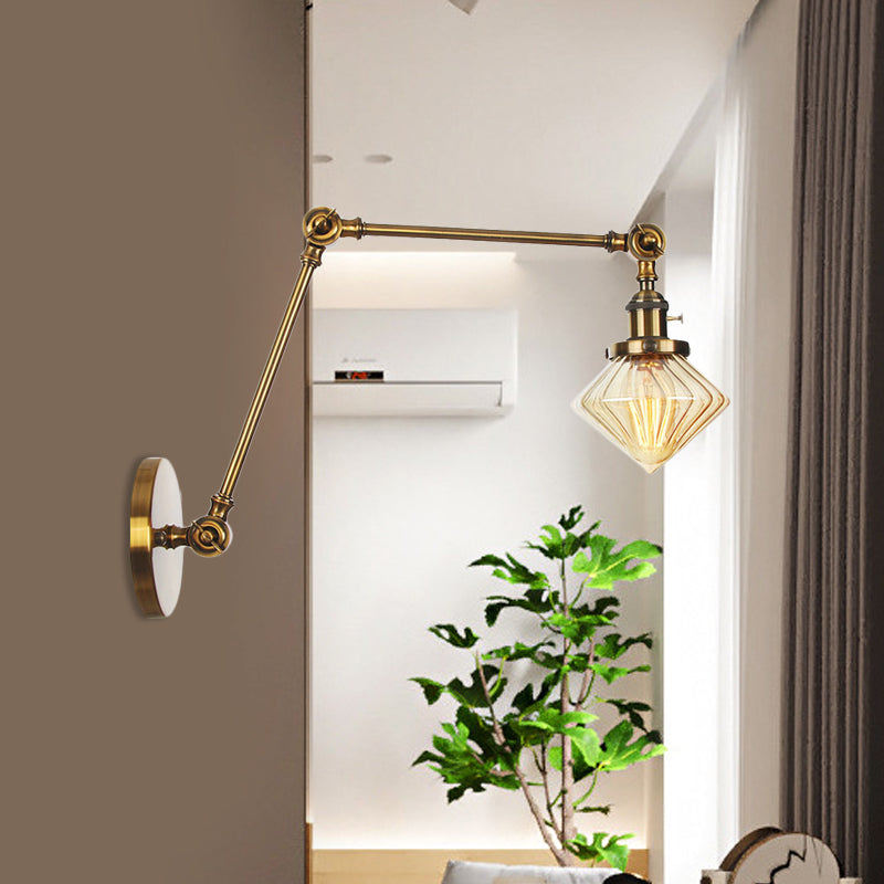 1 Light Dining Room Sconce Light Vintage Black/Bronze/Brass Wall Mounted Lamp with Diamond Clear/Amber Glass Shade, 8"+8"/8"+8"+8" L Adjustable Arm Brass Amber 8"+8" Clearhalo 'Art deco wall lights' 'Cast Iron' 'Glass' 'Industrial wall lights' 'Industrial' 'Middle century wall lights' 'Modern' 'Rustic wall lights' 'Tiffany' 'Traditional wall lights' 'Wall Lamps & Sconces' 'Wall Lights' Lighting' 522337